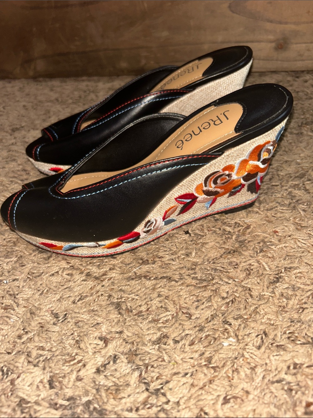 J.Renee Black Embroidered Floral Wedge Mules